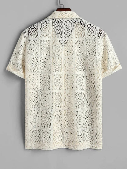maoxiangshop Hollow Out See-through Men's Shirt Sexy Rose Pattern Short Sleeve Openwork Shirt Summer Streetwear Overshirt Tops Z5094175