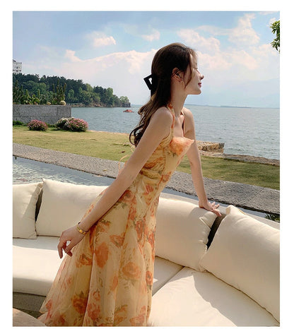 maoxiangshop French Vintage Dress Women Elegant Backless Floral Halter Neck Midi Dress Summer Chiffon Holiday Beach Dresses for Women