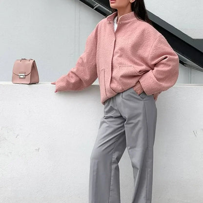 maoxiangshop  -  Woman's Oversized Bomber Jacket Autumn Round Neck Long Sleeve Pocket Hidden Button Loose Jackets Coat Female Outerwear