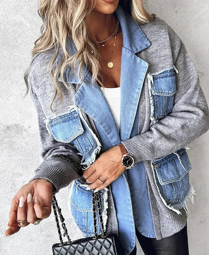 maoxiangshop Raw Hem Cardigan Women Sweaters Patchwork Notched Collar Knitted Denim Jackets Jumpers Pockets Thick Coats Autumn Winter Outwear