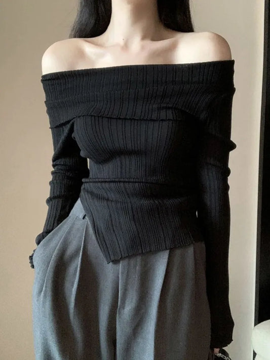 maoxiangshopOff Shoulder Pullover Women Autumn Long Sleeve Knitted Tops Female Slim Slash Neck Knitwear Ladies Korean Style Thin Pullovers