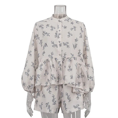 maoxiangshop  -  Print Shorts Suit Women's Chic Puff Sleeve Ruffled Splice T-Shirt Loose Shorts Matching Set Female Fashion Autumn Outfits