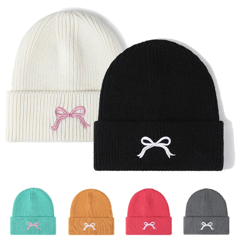 maoxiangshop  -  Winter Knitted Hat for Women Girls Bow Embroidery Woolen Beanies Korean Y2K Bowknot Hip Hop Caps Thick Elastic Ear Warmer Bonnet