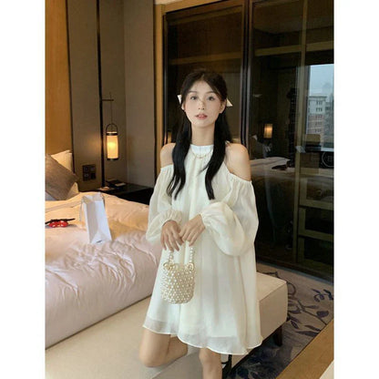 Sweet Elegant Dress Women Halter Off Shoulder Lantern Long Sleeve A Line Mini Dresses Korean Bandage Loose Chic Vestidos