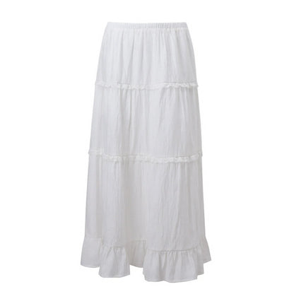 White Elegant Long Skirts Women Elastic Waist Ruffle Lace Trim Flare A-Line Skirts Retro Streetwear Fairycore Clothing