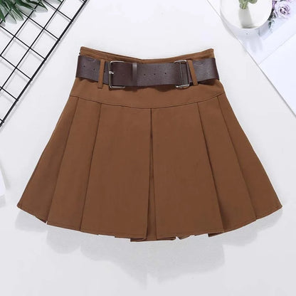 maoxiangshop Brown Belted Mini Skirt Low Waisted Pleated Skirt with Belt Women Academia Aesthetic Vintage Outfit