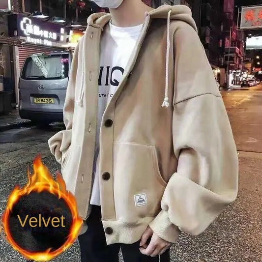 maoxiangshop Autumn Korean Sweatshirts for Men Casual Zip Up Hoodies Loose Coat Street Thick Warm Fashion Hip Hop Cardigans Hooded Jacket