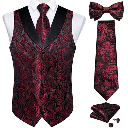 maoxiangshop Brand Suit Vest Set For Men Luxury Silk Black Gold Paisley Dress Vest Tie Cufflinks Handkerchief Set Male Sleeveless Waistcoat