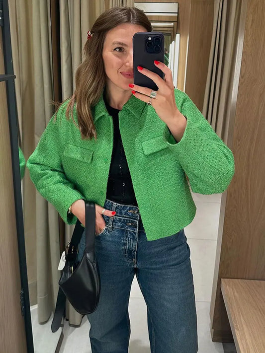 maoxiangshop  -  Chic Green Woollen Women's Coat Luxury Warm Lapel Collar Long Sleeves Jacket 2024 Autumn Female Office High Street Outercoat