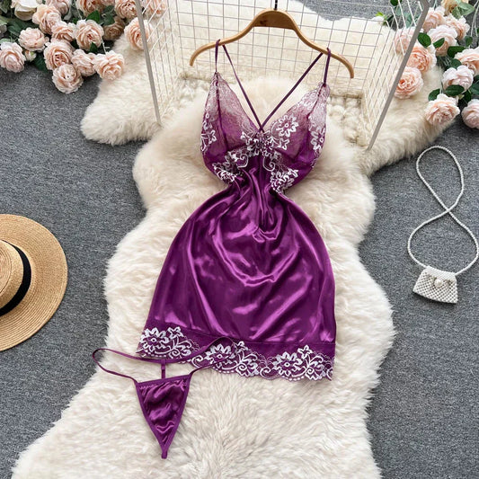 maoxiangshop-Women Night Dress Sleeveless Backless Porno Pajamas Floral Lace Erotic Nightwears+Thongs Satin Sexy Short Transparent Dresses