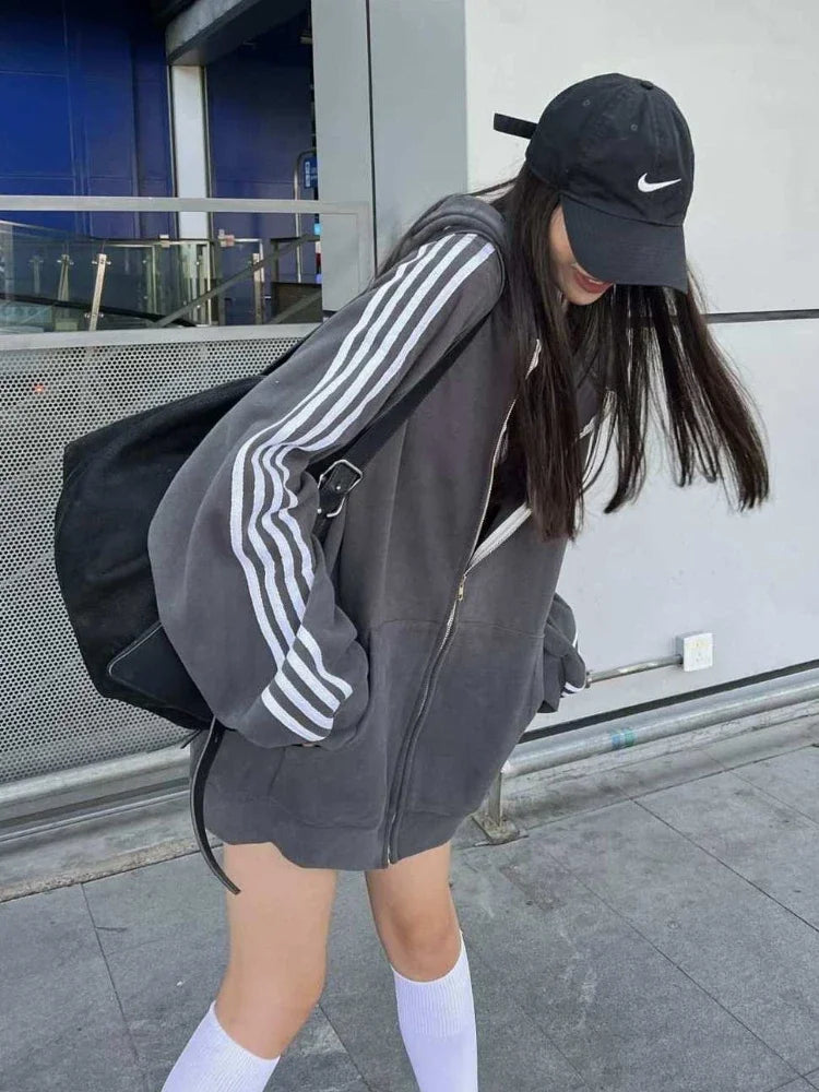 maoxiangshop Casual Zip Hoodie Women Autumn Harajuku Loose Side Stripe Patchwork Long Sleeve Oversized Hoodie School Grey Cardigan
