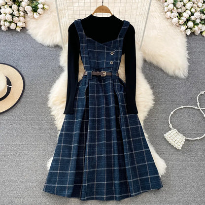 High Quality Fall Winter Women Sweater Overalls Dress Sets Casual Knitted Tops +Plaid Woolen Dress 2 Piece Sets Outfits Female