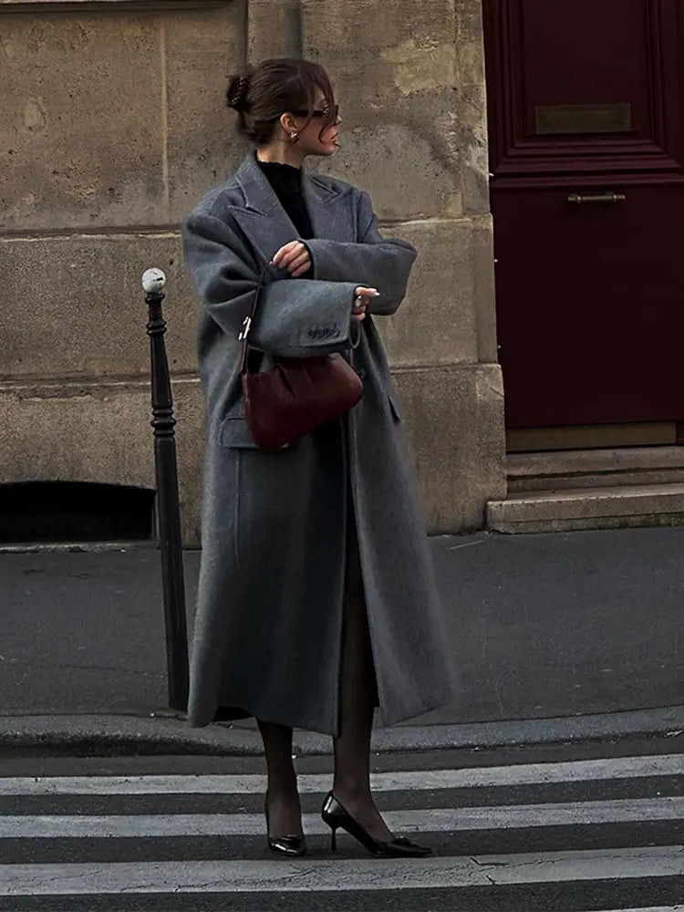maoxiangshop -  Elegant Lapel Grey Wool Blends Overcoat Women Fashion Loose Long Sleeves Fake Pocket Warm Coat Winter Lady Button Outwear