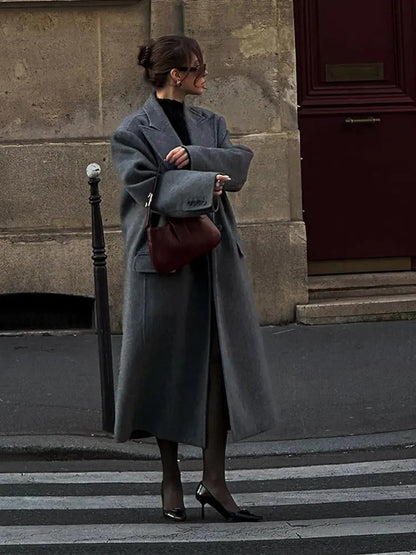maoxiangshop -  Elegant Lapel Grey Wool Blends Overcoat Women Fashion Loose Long Sleeves Fake Pocket Warm Coat Winter Lady Button Outwear