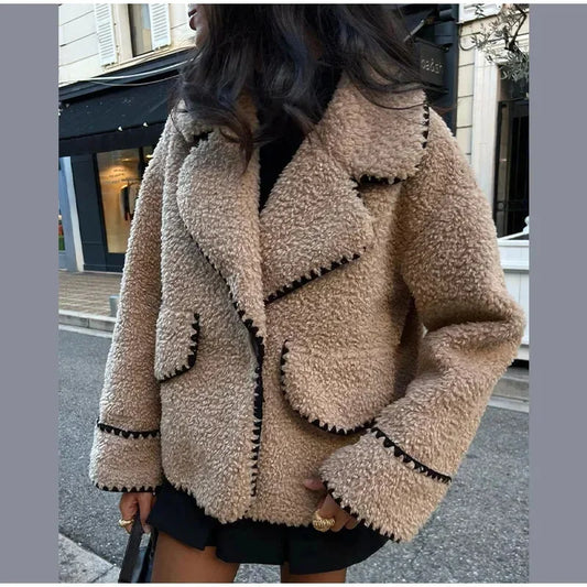 maoxiangshop  -  Elegant Solid Lapel Lamb Wool Wram Jacket Women O Neck Long Sleeves Slim Pocket Coats 2024 Autumn Winter Fashion Warm Outerwear