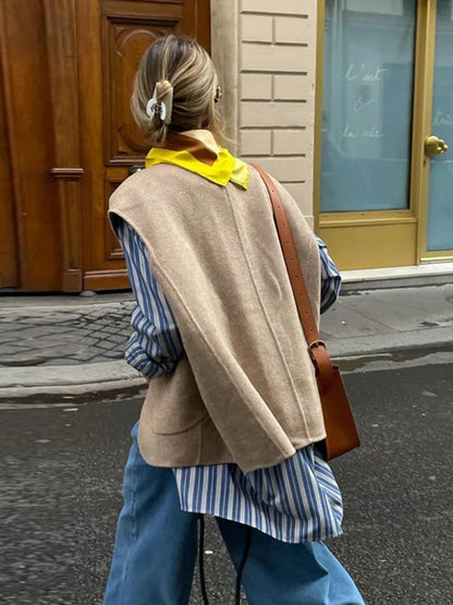 maoxiangshop  -  2024 Elegant Sleeveless Thin Coat Women Retro Street Loose O-neck Single Breasted Khaki Vest Jacket Autumn All-match Outwear