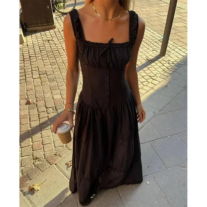 maoxiangshop Women Sexy Ruched Chest Corset Style Sling Long Dress Low Waist Sleeveless Female Holiday Summer Robe