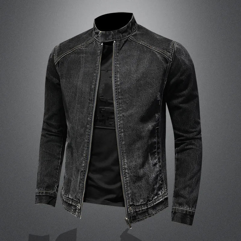 maoxiangshop High Quality Men's Denim Jackets Black Stand Collar Motorcycle Outerwear Cotton Vintage Bomber Jacket Mens Moto Biker Denim Coat