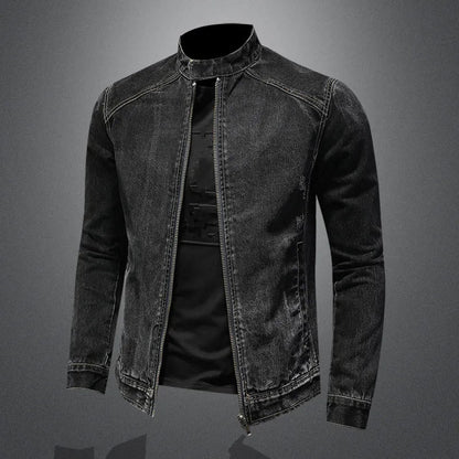 maoxiangshop High Quality Men's Denim Jackets Black Stand Collar Motorcycle Outerwear Cotton Vintage Bomber Jacket Mens Moto Biker Denim Coat
