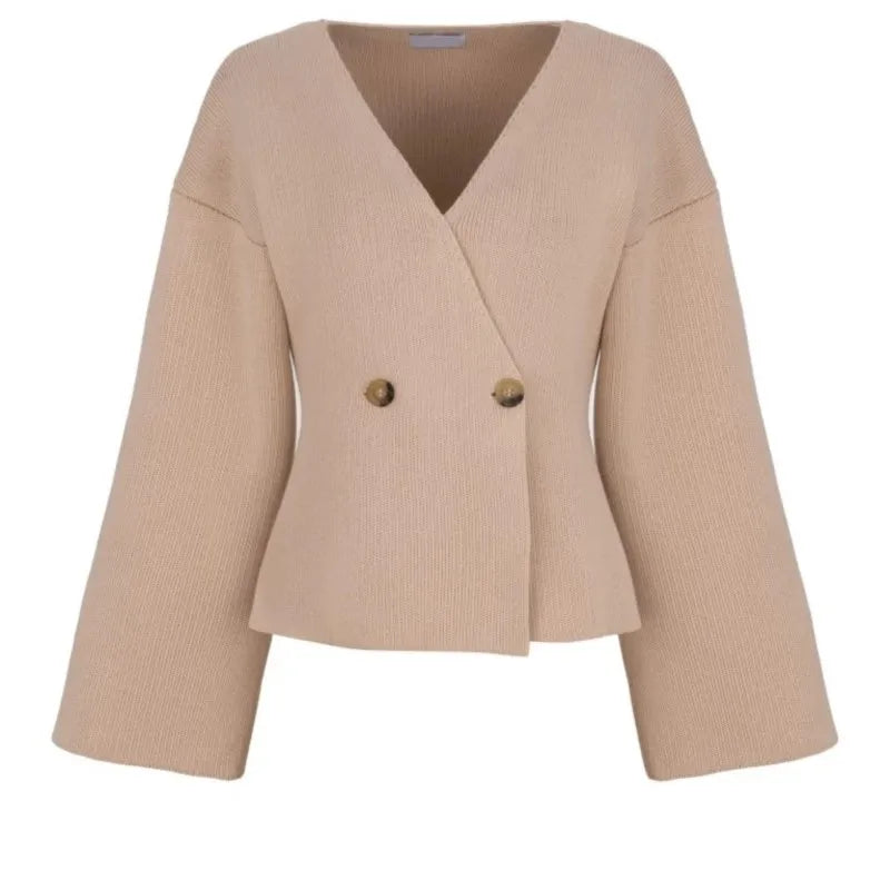 maoxiangshop -  Women's Solid Cropped Quilted Knit Coat Elegant V-neck Single Breasted Flare Sleeve Coats Winter Female Chic Streetwear Knitwear