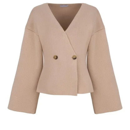 maoxiangshop -  Women's Solid Cropped Quilted Knit Coat Elegant V-neck Single Breasted Flare Sleeve Coats Winter Female Chic Streetwear Knitwear