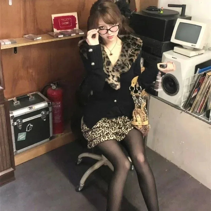 maoxiangshop  -  Y2K Retro Leopard Print Fur Collar Patchwork Knitted Cardigan Jacket Autumn Winter Hot Girl Waist Slim Harajuku Casual Jacket