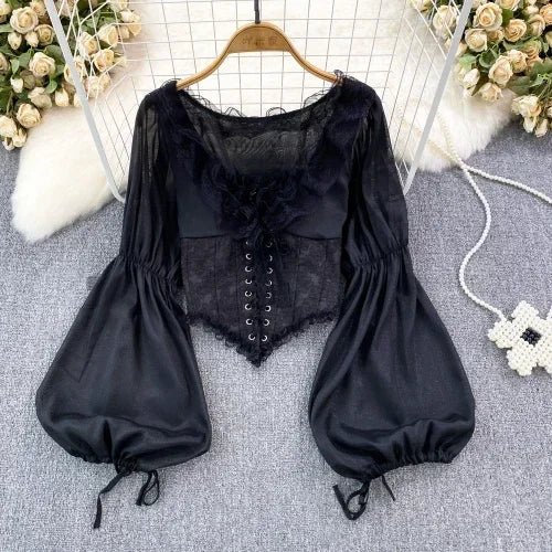 maoxiangshop Court Style Corselet Blouse Women Chiffon Lace Patchwork Elegant Blusas V-neck Lantern Sleeve Female Autumn Blouses