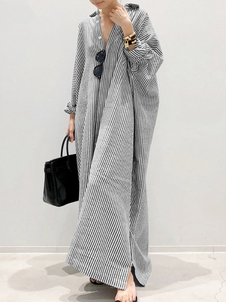 maoxiangshop Summer New Dresses for Woman Fashion Striped Cardigan Loose Large Casual Temperament Commuter Irregular Women's Long Dress Tops