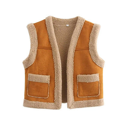 maoxiangshop  -  Women Fur Vest 2024 Winter Sleeveless with Pockets Female Vests Coats Lady Solid Cardigan Waistcoat Jackets New