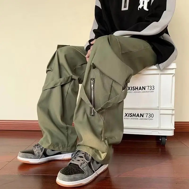 maoxiangshop Green Cargo Pants Men Oversize Zipper Black Cargo Trousers Male Streetwear Hip Hop Pocket Spring Loose Casual Workwear