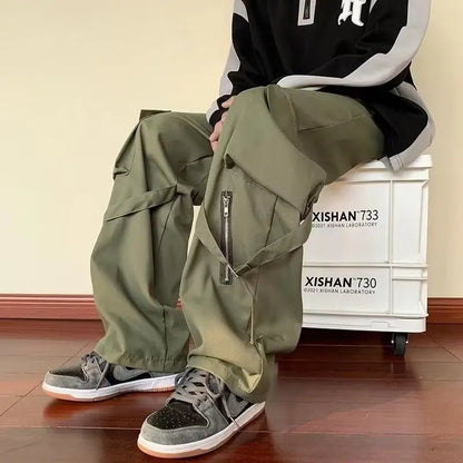 maoxiangshop Green Cargo Pants Men Oversize Zipper Black Cargo Trousers Male Streetwear Hip Hop Pocket Spring Loose Casual Workwear