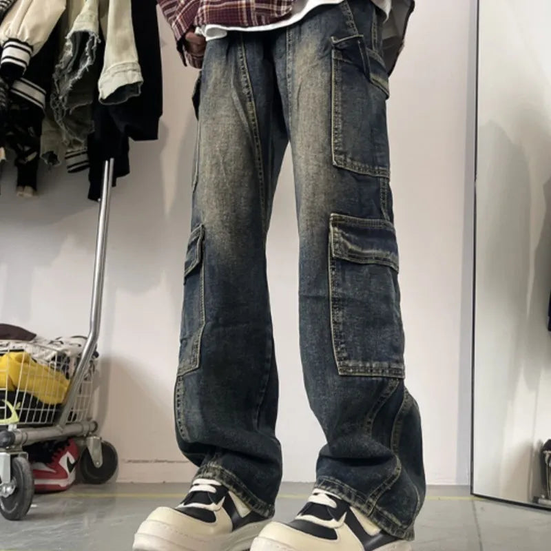 maoxiangshop Men's Patchwork Blue Cargo Jeans Unisex Straight Casual Trousers Men Muti-pockets Hip Hop Streetwear 90s Vintage Fashion Pants