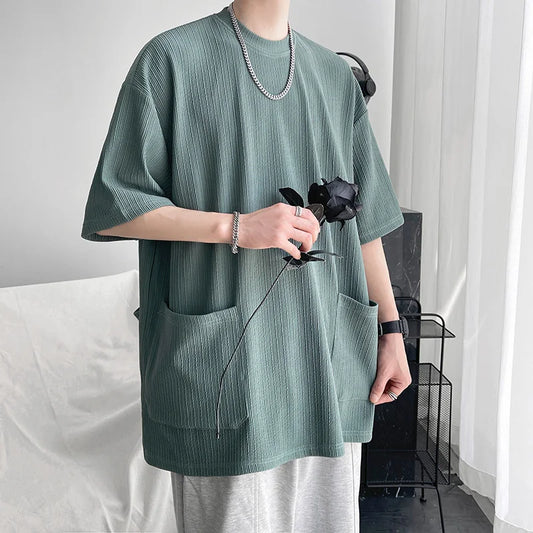 maoxiangshop High Quality Men Trend Pockets T Shirts Summer Mens Short Sleeve Fashions Male Solid Simple Daily Tees Harajuku T-Shirt
