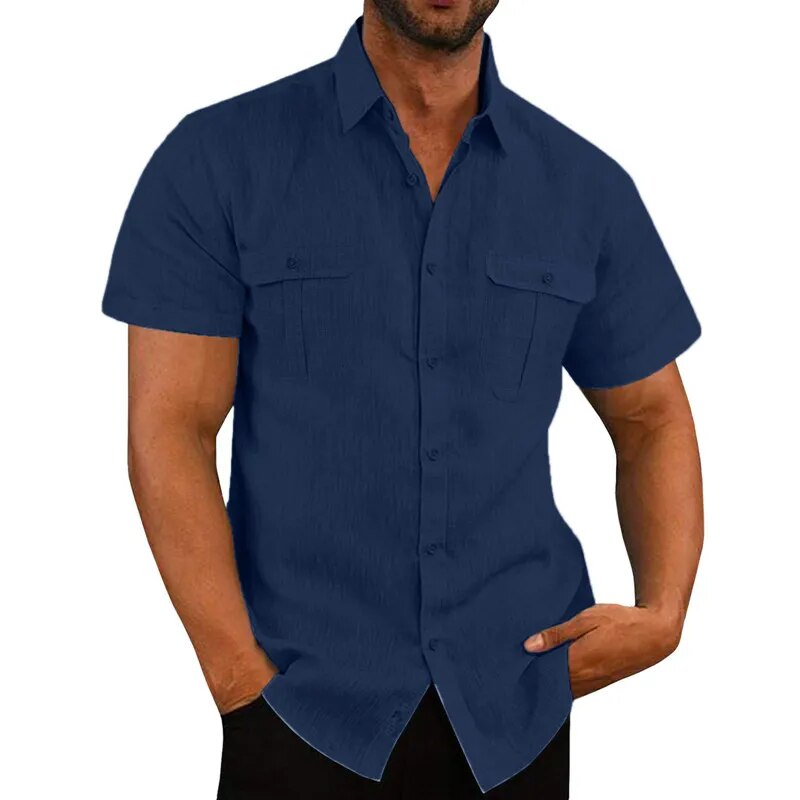 maoxiangshop Summer Cotton Linen Casual Shirts Men Short Sleeve Solid Color Turn Down Collar Shirt Mens Breathable Beach Style Blouse 5XL