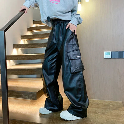 maoxiangshop 90s Streetwear Black Leather Pants Men Oversized Retro Pocket Cargo Pants Men Streetwear Hip-hop Loose Wide Leg Pants Mens Motorcycle Trousers