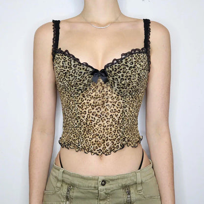 maoxiangshop Leopard Print Mesh Camis Streetwear Y2K Vintage Lace Bow see Through Sexy Summer Backless Crop Top Women Mini Vest 2024