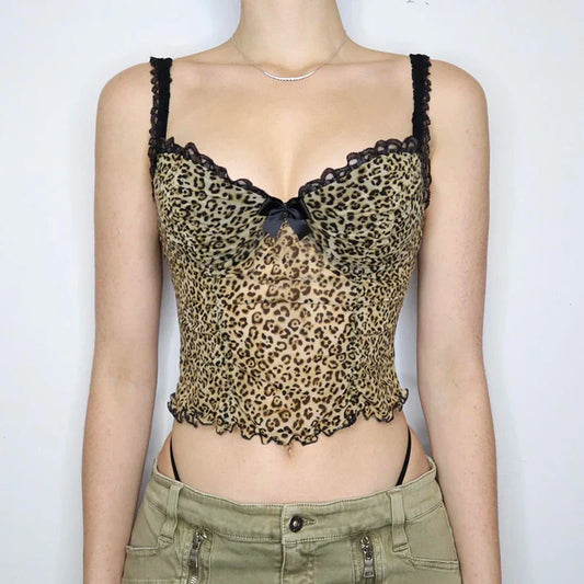 maoxiangshop Leopard Print Mesh Camis Streetwear Y2K Vintage Lace Bow see Through Sexy Summer Backless Crop Top Women Mini Vest 2024