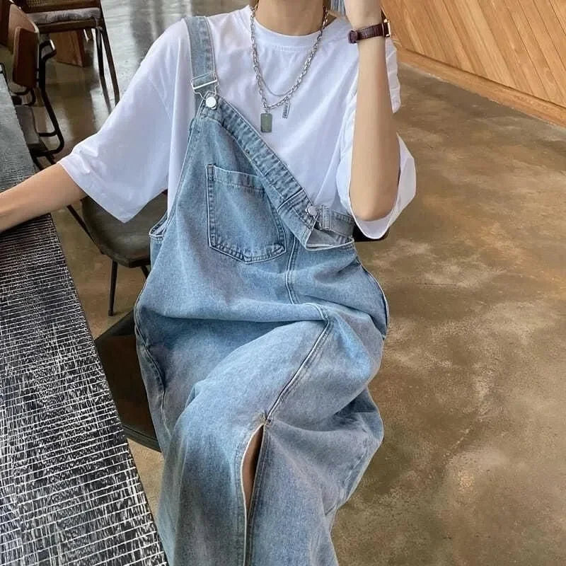 maoxiangshop Spring Summer Denim Overall Dress Women Sleeveless Jeans Dresses Fashion Female Solid Slip Casual Loose Spaghetti Strap Dresses