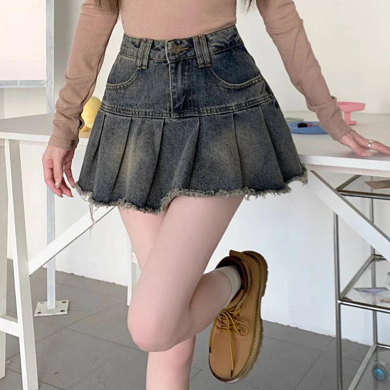 Vintage 90S Denim Mini Skirt Women Y2K 2000S Streetwear Pleated Jeans Skirts Harajuku Korean High Waist A Line Skirt New