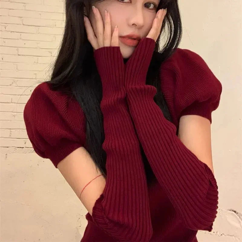 maoxiangshop DRESS TO IMPRESS New Year Red Dress Women Christmas Sexy Puff Sleeve Bottoming Knitted Sweater Fashion Party Mini Vestidos Hip Dresses