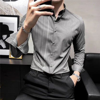 maoxiangshop Mens Shirts Autumn New Long Sleeve Stripe Dress Shirt Solid Casual Formal Wear Slim Fit Chemise Homme Camisas Men Clothing