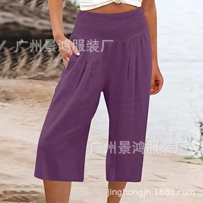 maoxiangshop Summer AliExpress European and American Women's Cross border Cotton and Hemp Split Waist Wrap Pocket Thin Wide Leg Pants fo