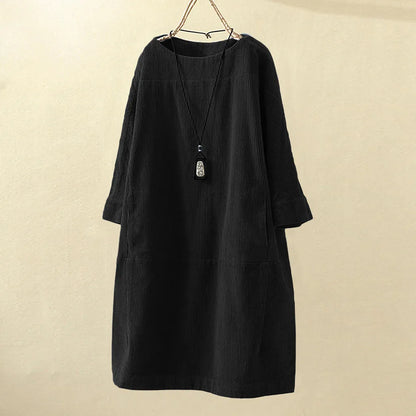 maoxiangshop Women Vintage Pockets Corduroy Solid Color Long Sleeve Loose Casual Dress vestido feminino party dresses Women's dress