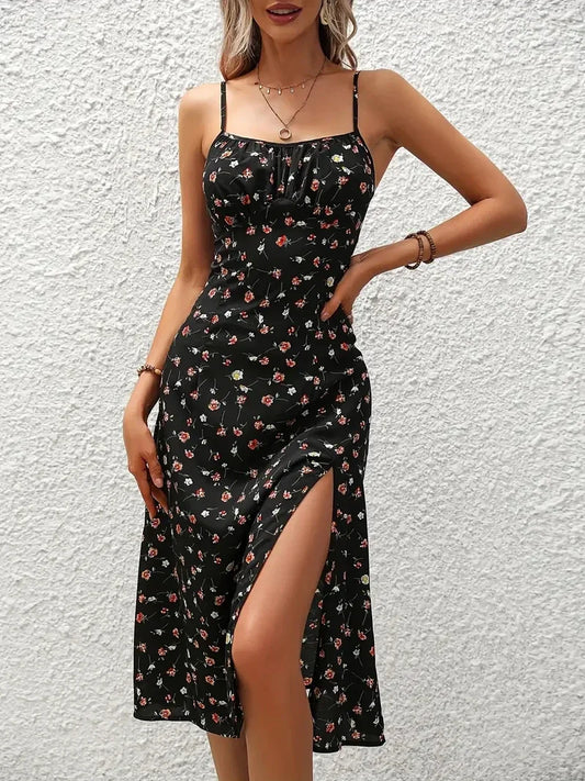 maoxiangshop  Women Floral Print Spaghetti Straps Summer Boho Beach Dress Print Elegant  Suspenders Square Neck Slit Dress Vestidos