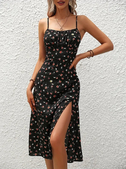 maoxiangshop 2024 Women Floral Print Spaghetti Straps Summer Boho Beach Dress Print Elegant  Suspenders Square Neck Slit Dress Vestidos