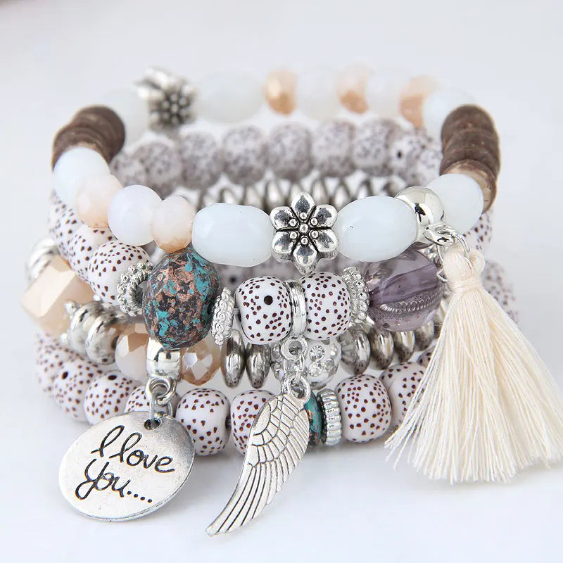 maoxiangshop Valentines Day Bohemian Multicolor Pink Crystal Beads Bracelets Women Girls Elastic Tassel Wing Letters Rope Bracelet Pulseira Feminina