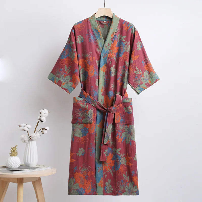 Couple's Dressing Gowns Vintage Print Loungewear Double Layer of Cotton Bathrobes Women's Pajamas Absorb Water and Dry Quickly