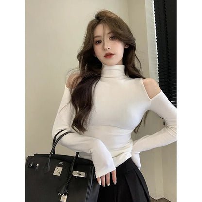 maoxiangshop Autumn Korean Fashion Y2K T-shirt Woman Japanese Turtleneck Sexy Tee Shirt Women Off Shoulder White Vintage White Tops Clothes
