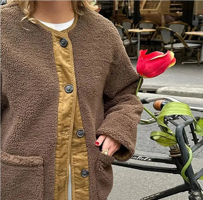maoxiangshop -  Women's Winter Chic Fleece Faux Coat Warm Brown Furry Teddy Fur Brown Jackets Vintage O Neck Female's Single Breasted Overcoat