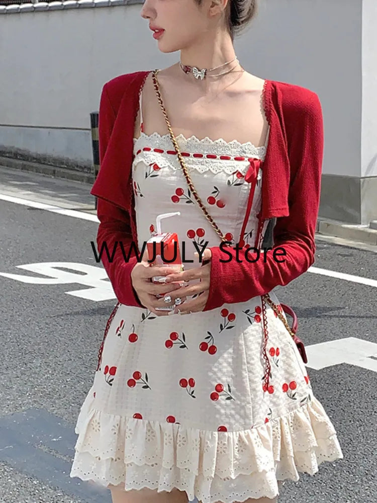 New Red Casual Crop Tops Cardigan Sweet Lace Y2k Mini Dress Party Sexy Strap Dress Korean Fashion Suit Woman Autumn Chic